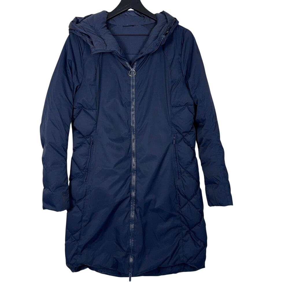 Lululemon Long Puffer Jacket Navy Blue Hooded Coat Small (See Measurements)